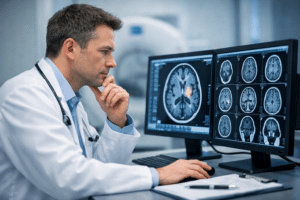 נוירולוג מבצע הערכת סיכון למטופל הלוקח תרופות נוגדות קרישה